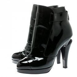 Chanel Green/Black Patent Leather Cap Toe Platform Ankle Boots Size 37