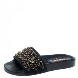 مملوكة مسبقًا Chanel Blue Fabric Tropiconic Chain Detail Slides Size 36