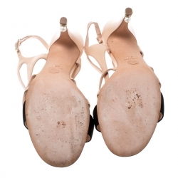 مملوكة مسبقًا Chanel Beige Leather And Black Satin Faux  CC Pearl Embellished Cross Strap Sandals Size 42