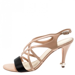 مملوكة مسبقًا Chanel Beige Leather And Black Satin Faux  CC Pearl Embellished Cross Strap Sandals Size 42