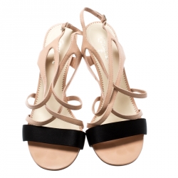 مملوكة مسبقًا Chanel Beige Leather And Black Satin Faux  CC Pearl Embellished Cross Strap Sandals Size 42