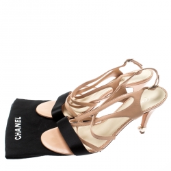 مملوكة مسبقًا Chanel Beige Leather And Black Satin Faux  CC Pearl Embellished Cross Strap Sandals Size 42