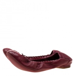 Pre Owned Chanel Burgundy Leather CC Bow Cap Toe Scrunch Ballet Flats Size 36