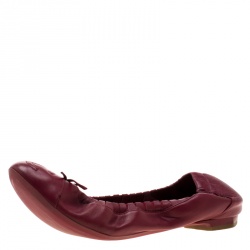Pre Owned Chanel Burgundy Leather CC Bow Cap Toe Scrunch Ballet Flats Size 36