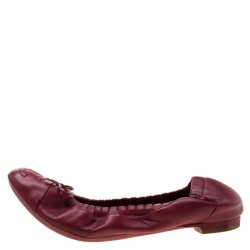 Pre Owned Chanel Burgundy Leather CC Bow Cap Toe Scrunch Ballet Flats Size 36