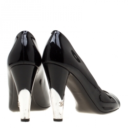 Pre Owned حذاء كعب عالي شانيل كعب CC مقدمة مفتوحة جلد لامع أسود مقاس 38