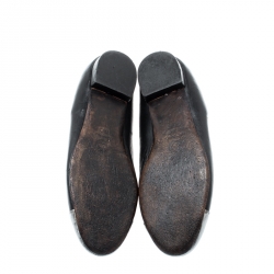 Pre Owned Chanel Black Leather Silver Cap Toe Camellia Studded Ballet Flats Size 39