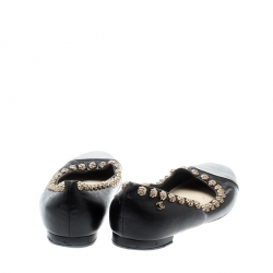 Pre Owned Chanel Black Leather Silver Cap Toe Camellia Studded Ballet Flats Size 39