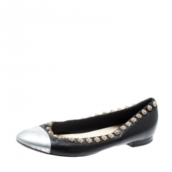 Pre Owned Chanel Black Leather Silver Cap Toe Camellia Studded Ballet Flats Size 39