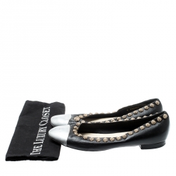 Pre Owned Chanel Black Leather Silver Cap Toe Camellia Studded Ballet Flats Size 39