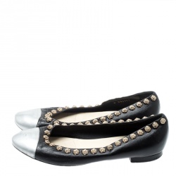 Pre Owned Chanel Black Leather Silver Cap Toe Camellia Studded Ballet Flats Size 39