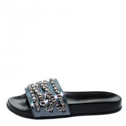 مملوكة مسبقًا صندل سلايد شانيل تروبيكونيك تويد أزرق داكن مزين بسلسلة مقاس 37