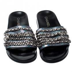 مملوكة مسبقًا صندل سلايد شانيل تروبيكونيك تويد أزرق داكن مزين بسلسلة مقاس 37