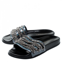 مملوكة مسبقًا صندل سلايد شانيل تروبيكونيك تويد أزرق داكن مزين بسلسلة مقاس 37