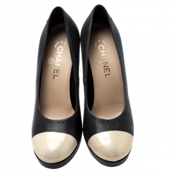 مملوكة مسبقًا حذاء كعب عالي شانيل نعل سميك غطاء مقدمة جلد لونين مقاس 38