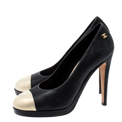 مملوكة مسبقًا حذا ء كعب عالي شانيل نعل سميك غطاء مقدمة جلد لونين مقاس 38