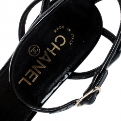 Chanel Black Patent Leather CC Quilted Wedge Strappy Open Toe Sandals Size 41