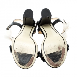 Pre Owned Chanel Black Leather Camellia Pearl Embellished CC Bow Ankle Strap Sandals Size 37