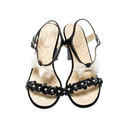 Pre Owned Chanel Black Leather Camellia Pearl Embellished CC Bow Ankle Strap Sandals Size 37