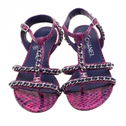 Chanel Purple/Pink Python Chain Detail Strappy Flat Sandals Size 35.5