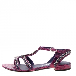 Chanel Purple/Pink Python Chain Detail Strappy Flat Sandals Size 35.5