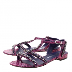Chanel Purple/Pink Python Chain Detail Strappy Flat Sandals Size 35.5