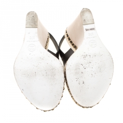 Pre Owned صندل شانيل وصلات سلسلة كعب روكي كعب مفتوح جلد أسود مقاس 37