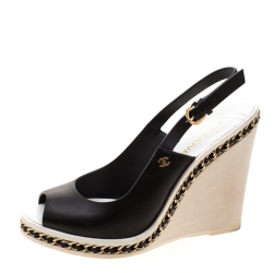 Pre Owned صندل شانيل وصلات سلسلة كعب روكي كعب مفتوح جلد أسود مقاس 37