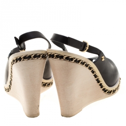 Pre Owned صندل شانيل وصلات سلسلة كعب روكي كعب مفتوح جلد أسود مقاس 37