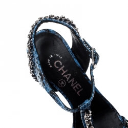 Chanel Blue Python Chain Detail T Strap Sandals Size 36