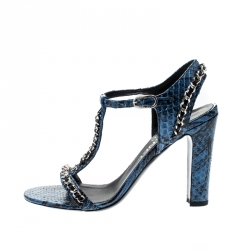 Chanel Blue Python Chain Detail T Strap Sandals Size 36