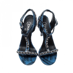 Chanel Blue Python Chain Detail T Strap Sandals Size 36