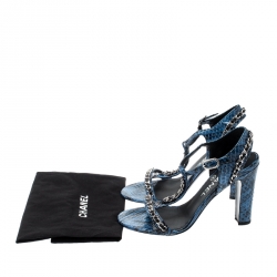 Chanel Blue Python Chain Detail T Strap Sandals Size 36
