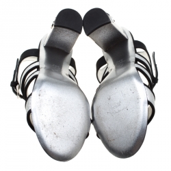 مملوكة مسبقًا Chanel Metallic Silver Glitter Texture Leather And Fabric CC Block Heel Strappy Sandals Size 37