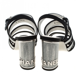مملوكة مسبقًا Chanel Metallic Silver Glitter Texture Leather And Fabric CC Block Heel Strappy Sandals Size 37