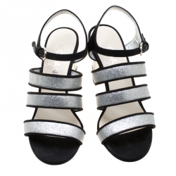 مملوكة مسبقًا Chanel Metallic Silver Glitter Texture Leather And Fabric CC Block Heel Strappy Sandals Size 37