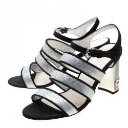مملوكة مسبقًا Chanel Metallic Silver Glitter Texture Leather And Fabric CC Block Heel Strappy Sandals Size 37