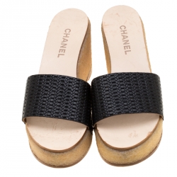 Chanel Black Woven Leather Wedge Slides Size 41