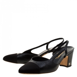 Pre Owned صندل شانيل كلاسيكي كعب مفتوح جلد / ساتان أسود مقاس 38.5