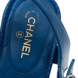 Chanel Blue Leather CC Logo T Strap Thong Sandals Size 38.5