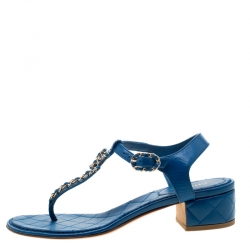 Chanel Blue Leather CC Logo T Strap Thong Sandals Size 38.5