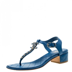 Chanel Blue Leather CC Logo T Strap Thong Sandals Size 38.5