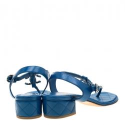 Chanel Blue Leather CC Logo T Strap Thong Sandals Size 38.5