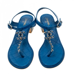 Chanel Blue Leather CC Logo T Strap Thong Sandals Size 38.5