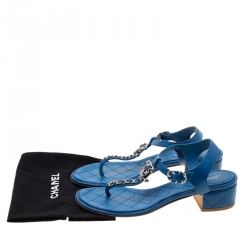 Chanel Blue Leather CC Logo T Strap Thong Sandals Size 38.5