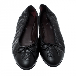 Pre Owned Chanel Black Quilted Leather Bow Detail CC Cap Toe Ballet Flats Size 38.5