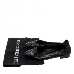 Pre Owned Chanel Black Quilted Leather Bow Detail CC Cap Toe Ballet Flats Size 38.5