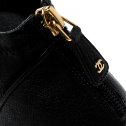 Chanel Black Leather And Fabric Cap Toe CC Ankle Boots Size 37.5