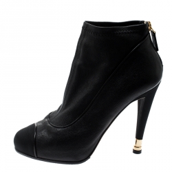 Chanel Black Leather And Fabric Cap Toe CC Ankle Boots Size 37.5