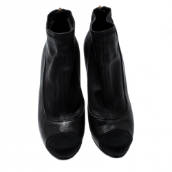 Chanel Black Leather And Fabric Cap Toe CC Ankle Boots Size 37.5